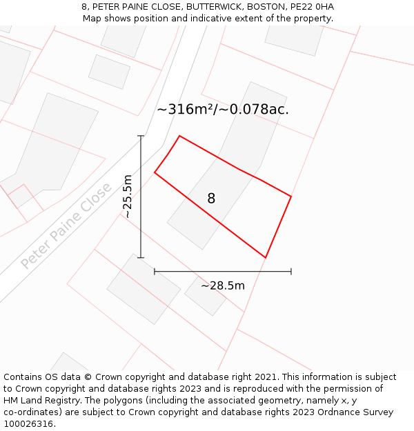 8, PETER PAINE CLOSE, BUTTERWICK, BOSTON, PE22 0HA: Plot and title map