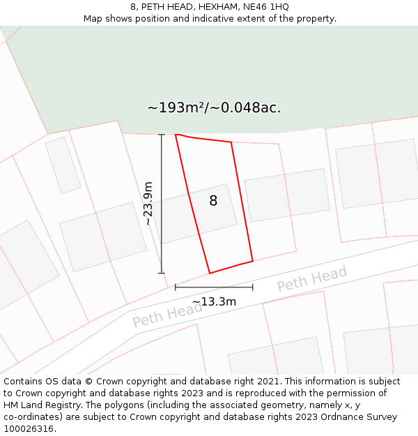 8, PETH HEAD, HEXHAM, NE46 1HQ: Plot and title map