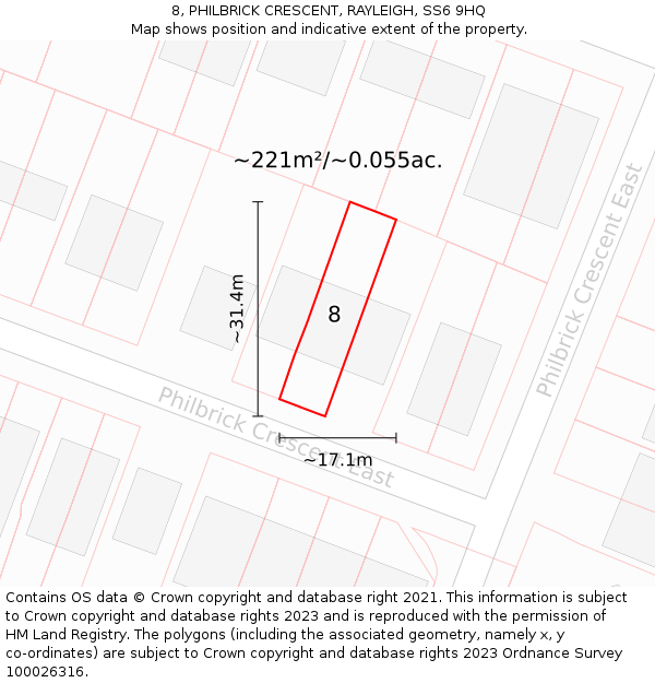 8, PHILBRICK CRESCENT, RAYLEIGH, SS6 9HQ: Plot and title map