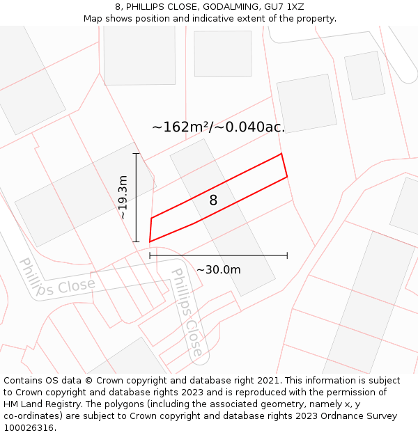 8, PHILLIPS CLOSE, GODALMING, GU7 1XZ: Plot and title map