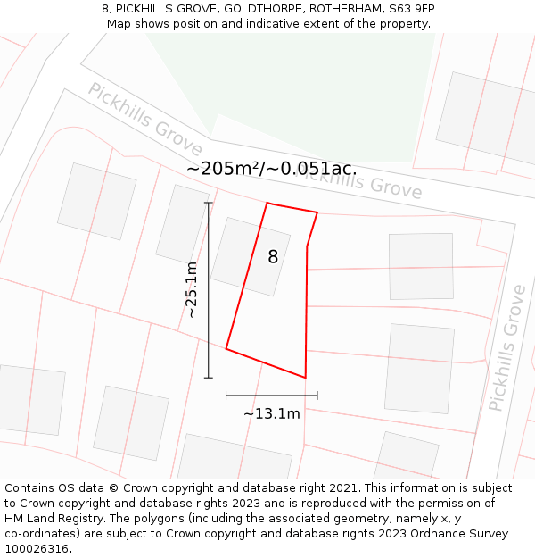 8, PICKHILLS GROVE, GOLDTHORPE, ROTHERHAM, S63 9FP: Plot and title map