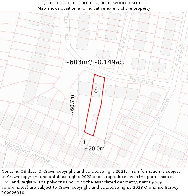 8, PINE CRESCENT, HUTTON, BRENTWOOD, CM13 1JE: Plot and title map