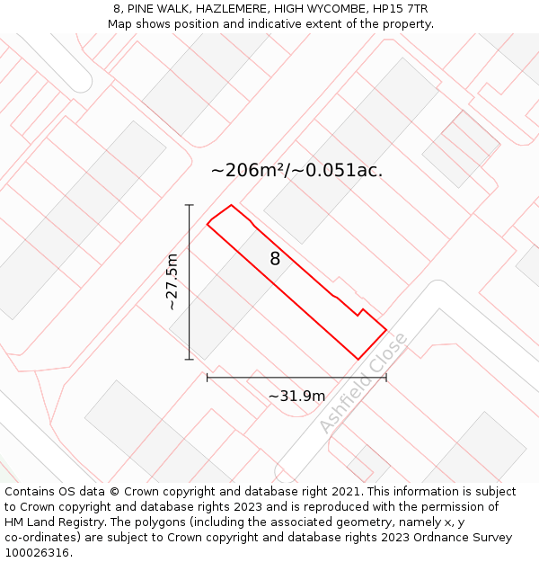 8, PINE WALK, HAZLEMERE, HIGH WYCOMBE, HP15 7TR: Plot and title map