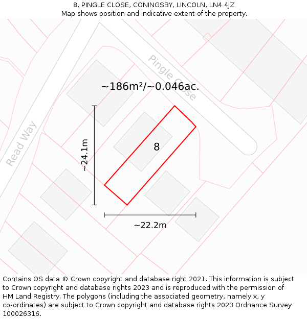 8, PINGLE CLOSE, CONINGSBY, LINCOLN, LN4 4JZ: Plot and title map