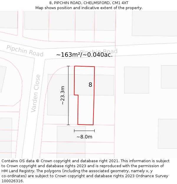 8, PIPCHIN ROAD, CHELMSFORD, CM1 4XT: Plot and title map