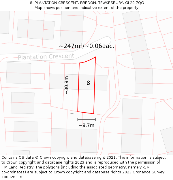 8, PLANTATION CRESCENT, BREDON, TEWKESBURY, GL20 7QG: Plot and title map