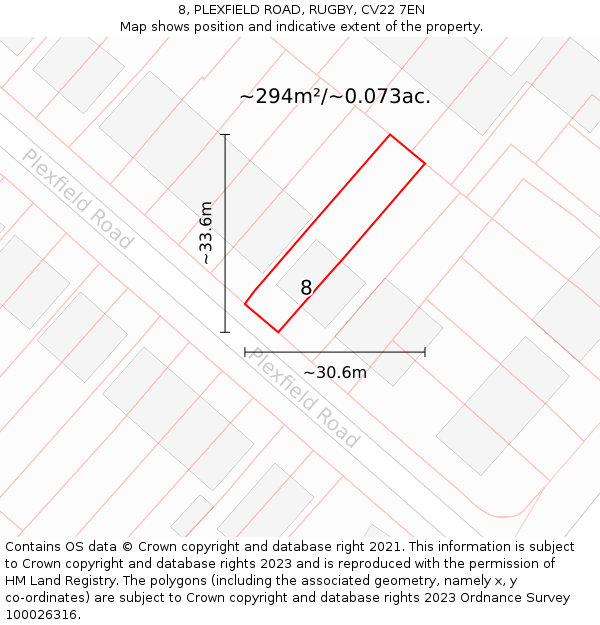 8, PLEXFIELD ROAD, RUGBY, CV22 7EN: Plot and title map