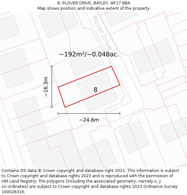 8, PLOVER DRIVE, BATLEY, WF17 8BA: Plot and title map