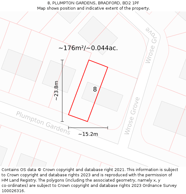 8, PLUMPTON GARDENS, BRADFORD, BD2 1PF: Plot and title map