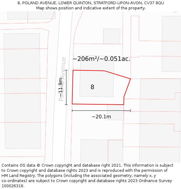8, POLAND AVENUE, LOWER QUINTON, STRATFORD-UPON-AVON, CV37 8QU: Plot and title map