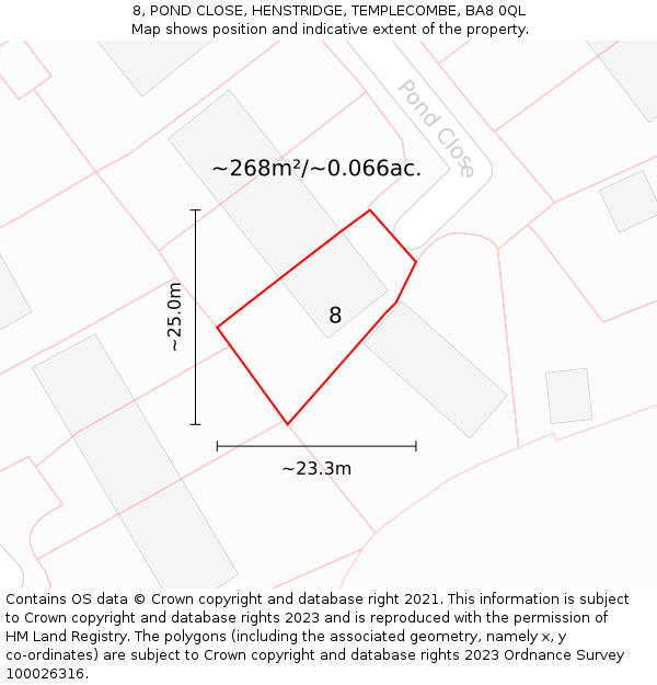 8, POND CLOSE, HENSTRIDGE, TEMPLECOMBE, BA8 0QL: Plot and title map
