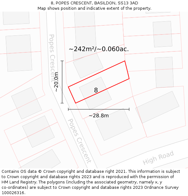 8, POPES CRESCENT, BASILDON, SS13 3AD: Plot and title map