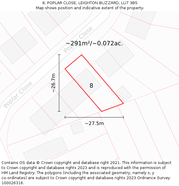 8, POPLAR CLOSE, LEIGHTON BUZZARD, LU7 3BS: Plot and title map