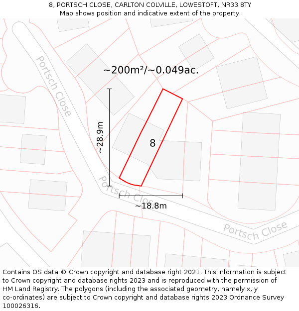 8, PORTSCH CLOSE, CARLTON COLVILLE, LOWESTOFT, NR33 8TY: Plot and title map