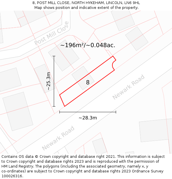 8, POST MILL CLOSE, NORTH HYKEHAM, LINCOLN, LN6 9HL: Plot and title map
