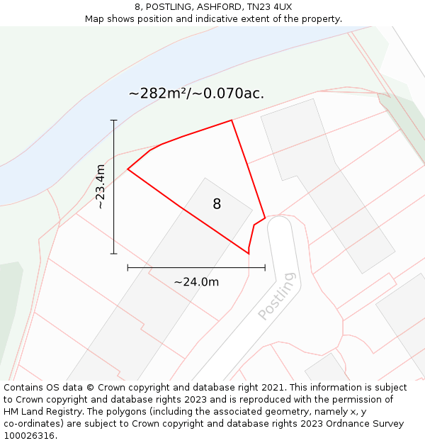 8, POSTLING, ASHFORD, TN23 4UX: Plot and title map