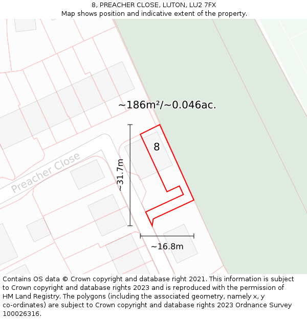 8, PREACHER CLOSE, LUTON, LU2 7FX: Plot and title map