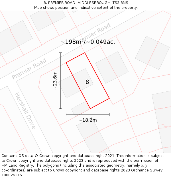 8, PREMIER ROAD, MIDDLESBROUGH, TS3 8NS: Plot and title map