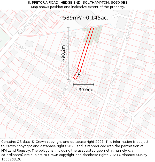 8, PRETORIA ROAD, HEDGE END, SOUTHAMPTON, SO30 0BS: Plot and title map