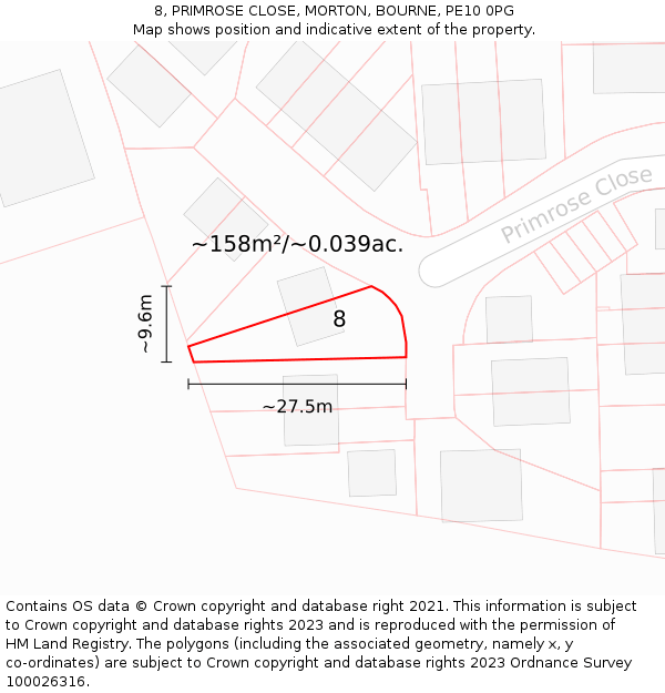8, PRIMROSE CLOSE, MORTON, BOURNE, PE10 0PG: Plot and title map