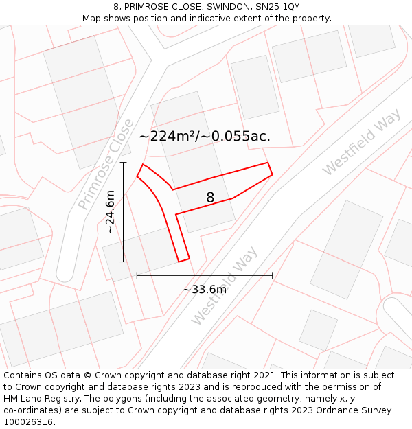 8, PRIMROSE CLOSE, SWINDON, SN25 1QY: Plot and title map
