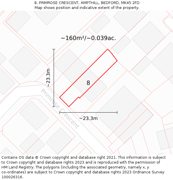 8, PRIMROSE CRESCENT, AMPTHILL, BEDFORD, MK45 2FD: Plot and title map