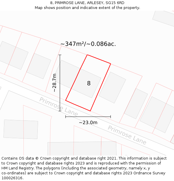 8, PRIMROSE LANE, ARLESEY, SG15 6RD: Plot and title map