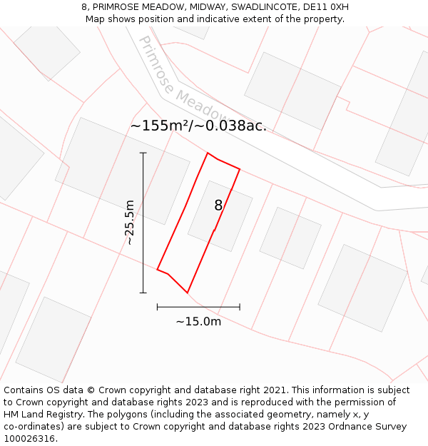 8, PRIMROSE MEADOW, MIDWAY, SWADLINCOTE, DE11 0XH: Plot and title map