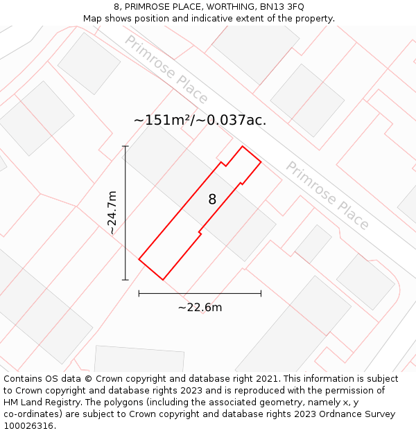 8, PRIMROSE PLACE, WORTHING, BN13 3FQ: Plot and title map