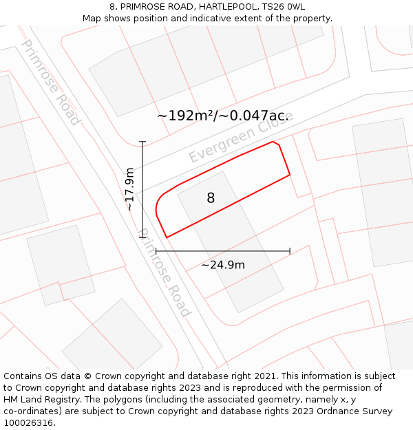 8, PRIMROSE ROAD, HARTLEPOOL, TS26 0WL: Plot and title map