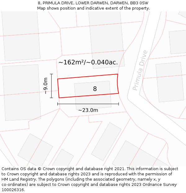 8, PRIMULA DRIVE, LOWER DARWEN, DARWEN, BB3 0SW: Plot and title map