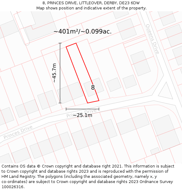 8, PRINCES DRIVE, LITTLEOVER, DERBY, DE23 6DW: Plot and title map