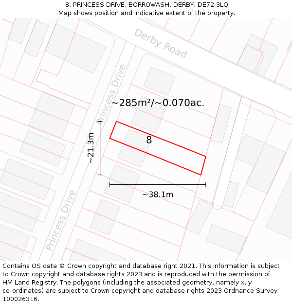 8, PRINCESS DRIVE, BORROWASH, DERBY, DE72 3LQ: Plot and title map