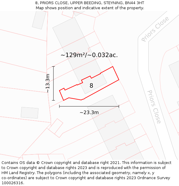 8, PRIORS CLOSE, UPPER BEEDING, STEYNING, BN44 3HT: Plot and title map