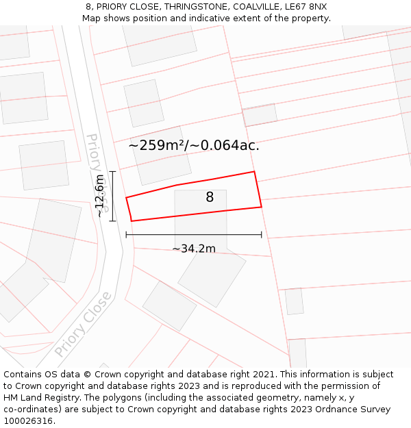 8, PRIORY CLOSE, THRINGSTONE, COALVILLE, LE67 8NX: Plot and title map
