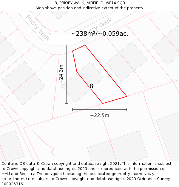 8, PRIORY WALK, MIRFIELD, WF14 9QR: Plot and title map