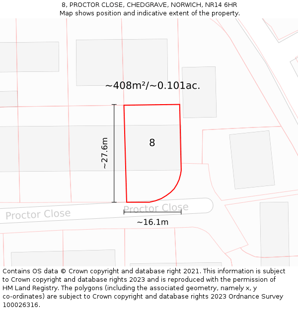 8, PROCTOR CLOSE, CHEDGRAVE, NORWICH, NR14 6HR: Plot and title map
