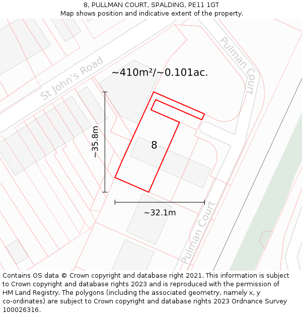 8, PULLMAN COURT, SPALDING, PE11 1GT: Plot and title map
