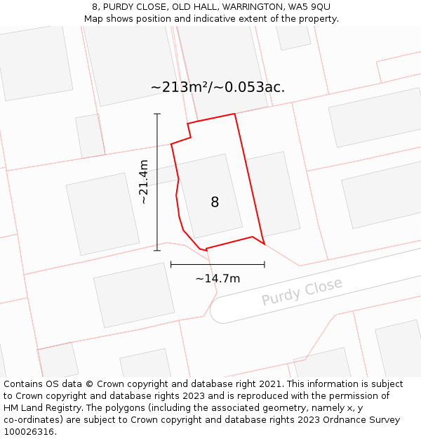8, PURDY CLOSE, OLD HALL, WARRINGTON, WA5 9QU: Plot and title map
