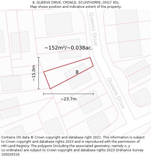 8, QUEENS DRIVE, CROWLE, SCUNTHORPE, DN17 4DL: Plot and title map