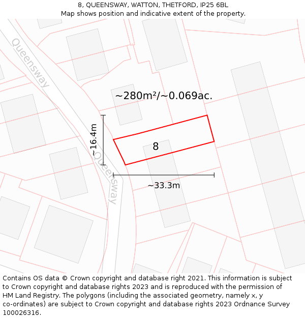 8, QUEENSWAY, WATTON, THETFORD, IP25 6BL: Plot and title map