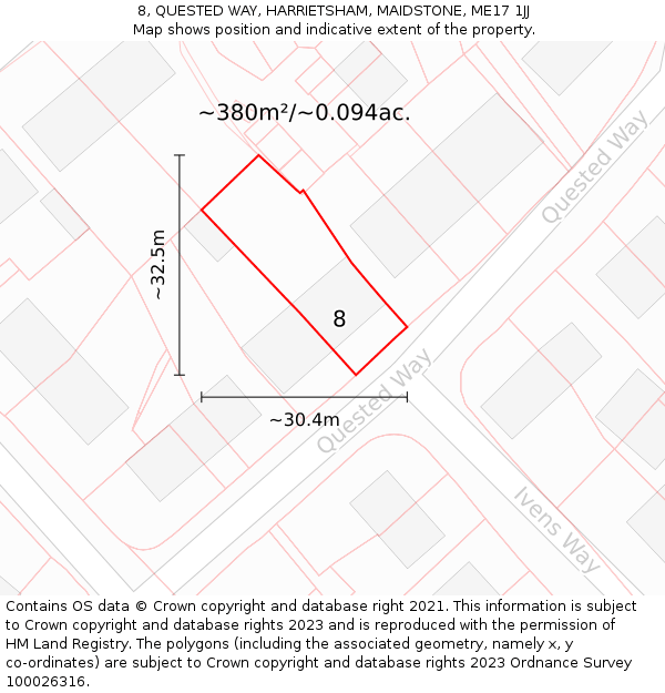 8, QUESTED WAY, HARRIETSHAM, MAIDSTONE, ME17 1JJ: Plot and title map