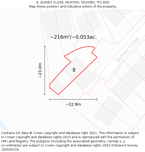 8, QUINES CLOSE, MUXTON, TELFORD, TF2 8SD: Plot and title map
