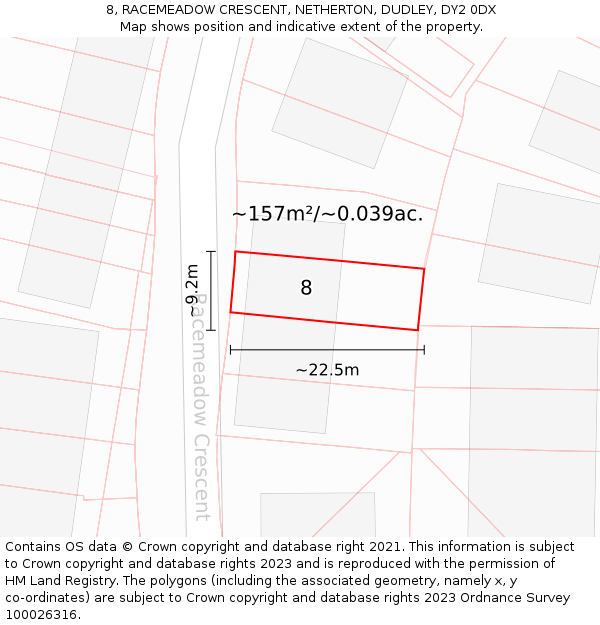 8, RACEMEADOW CRESCENT, NETHERTON, DUDLEY, DY2 0DX: Plot and title map