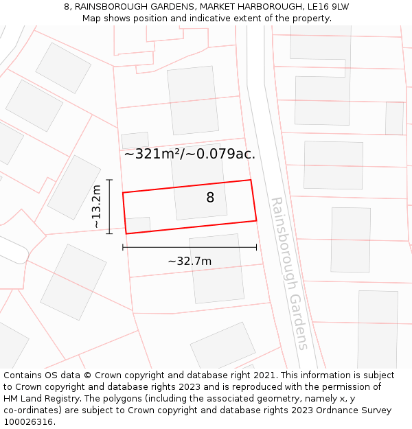 8, RAINSBOROUGH GARDENS, MARKET HARBOROUGH, LE16 9LW: Plot and title map