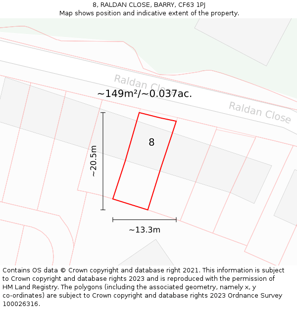 8, RALDAN CLOSE, BARRY, CF63 1PJ: Plot and title map