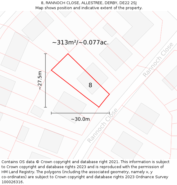 8, RANNOCH CLOSE, ALLESTREE, DERBY, DE22 2SJ: Plot and title map