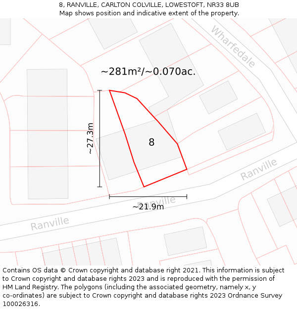 8, RANVILLE, CARLTON COLVILLE, LOWESTOFT, NR33 8UB: Plot and title map