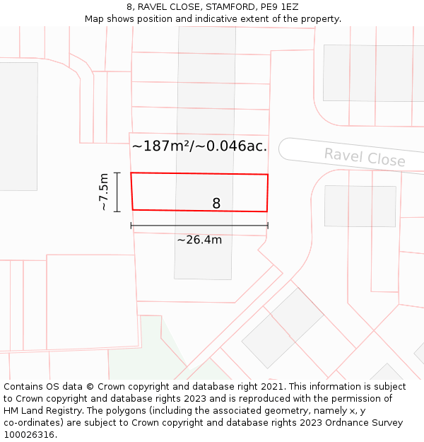 8, RAVEL CLOSE, STAMFORD, PE9 1EZ: Plot and title map