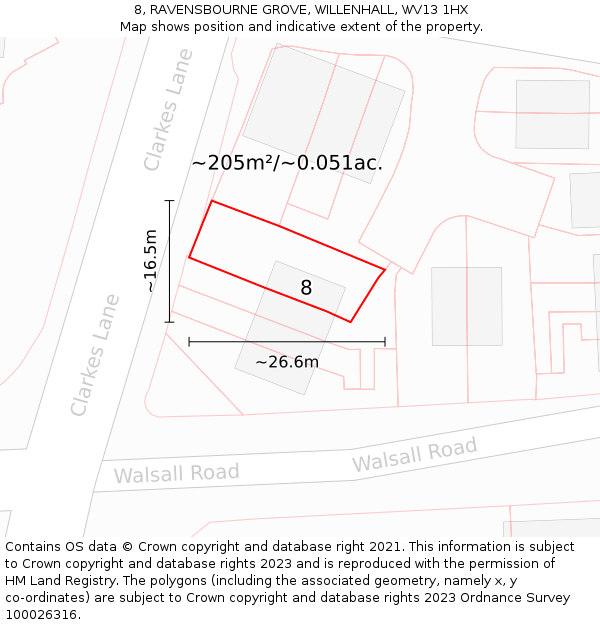 8, RAVENSBOURNE GROVE, WILLENHALL, WV13 1HX: Plot and title map